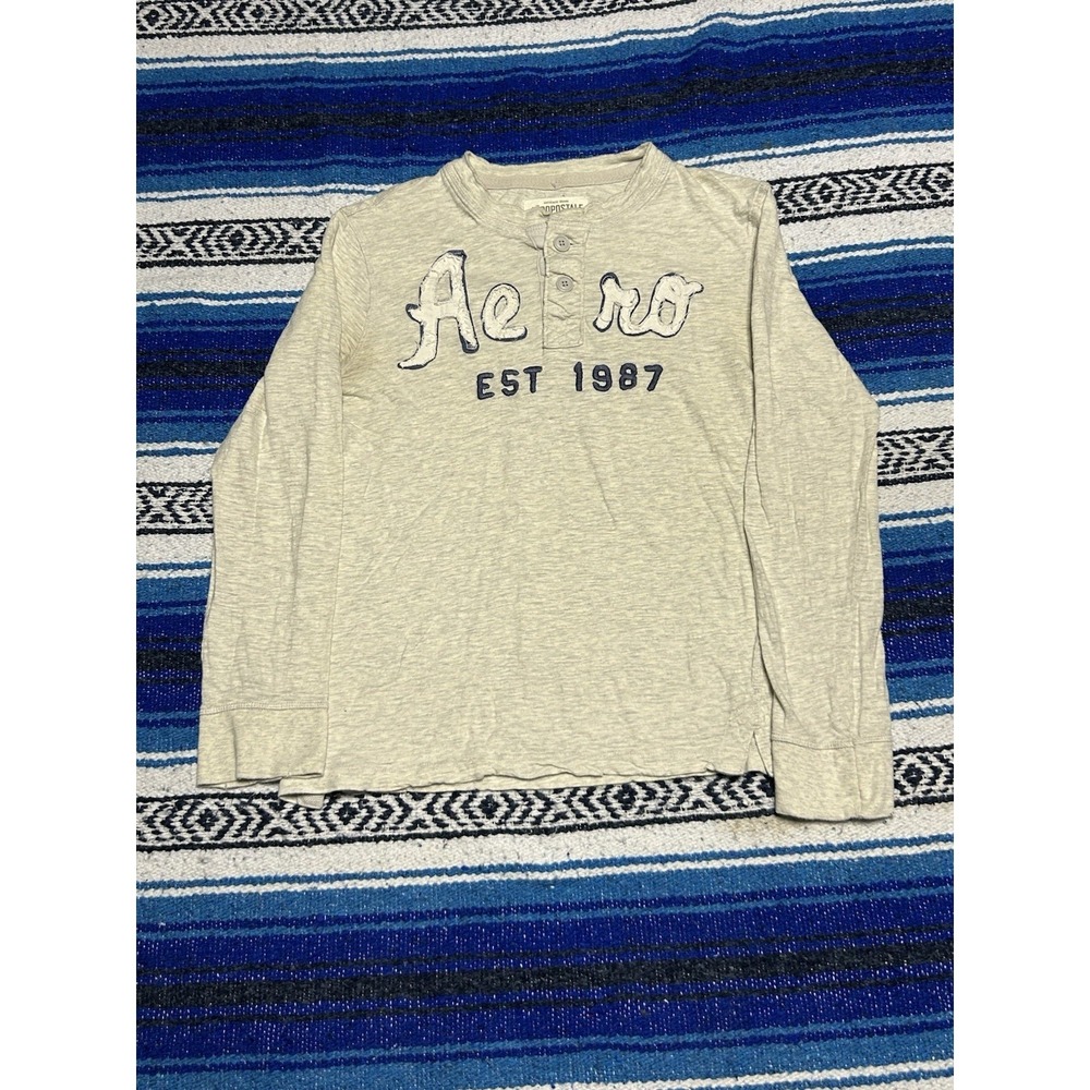 Y2K Aeropostale Nineteen Eighty Seven Henley Shirt Sz M Grey Tan Cotton New York